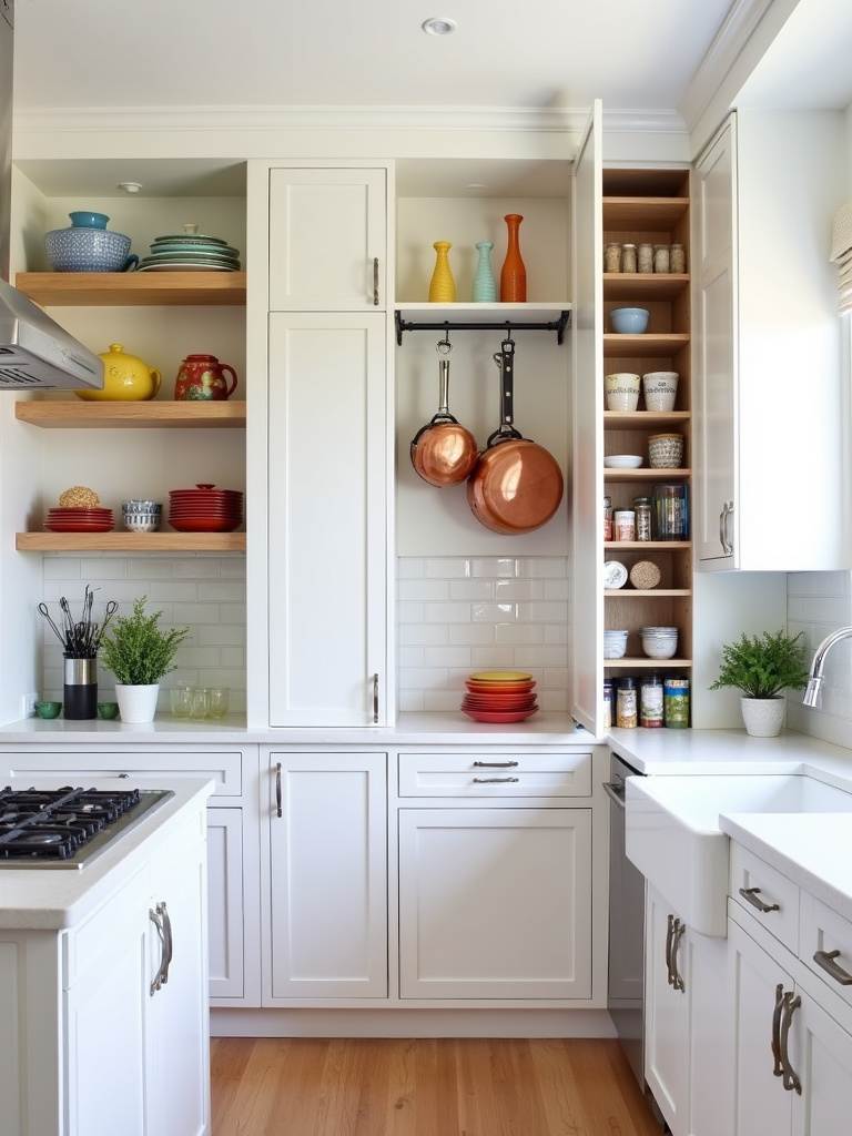 Small kitchen design with vertical storage solutions, including tall cabinets, open shelving, and a pot rack.