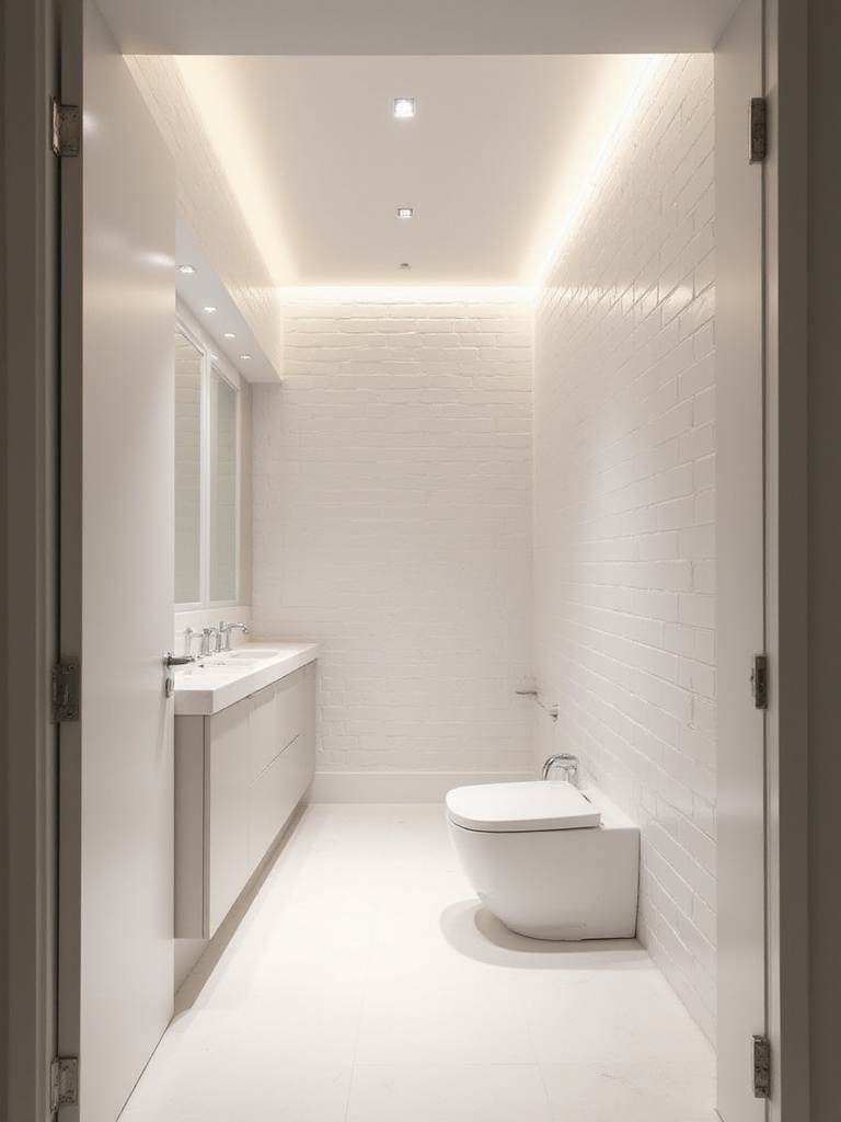 Modern bathroom with recessed ceiling lights providing clean and even illumination