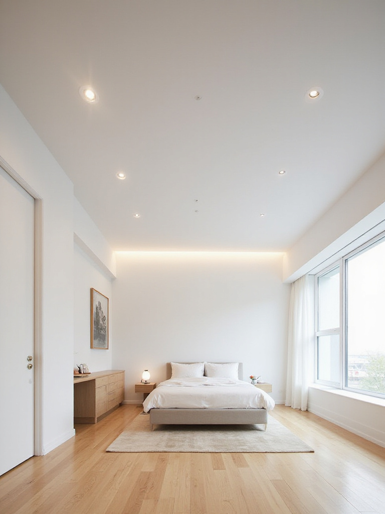 Modern bedroom with recessed lighting providing a clean and unobtrusive glow.