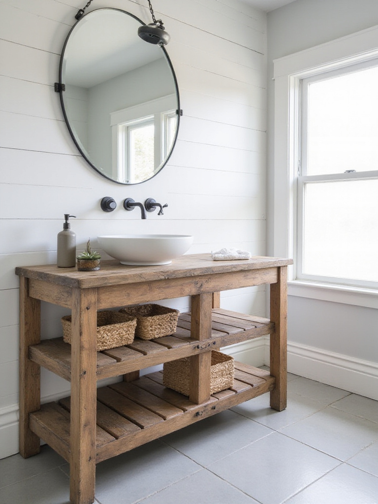 Farmhouse bathroom featuring a reclaimed wood vanity with a white vessel sink.