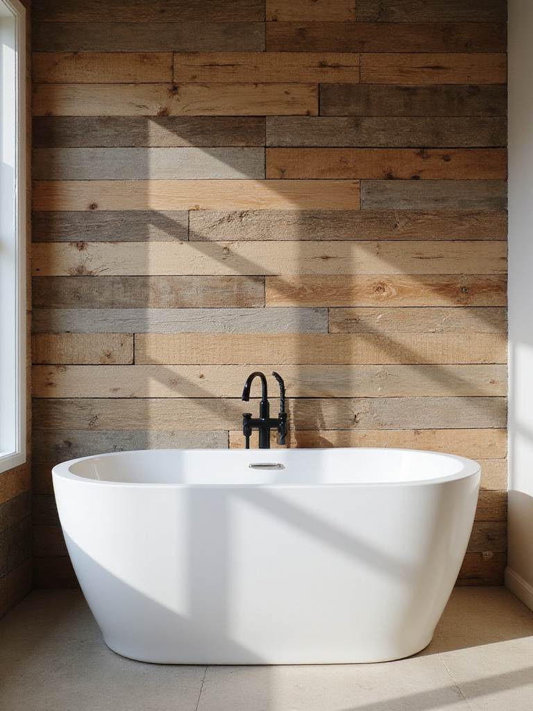 Rustic bathroom with reclaimed wood wall and freestanding bathtub