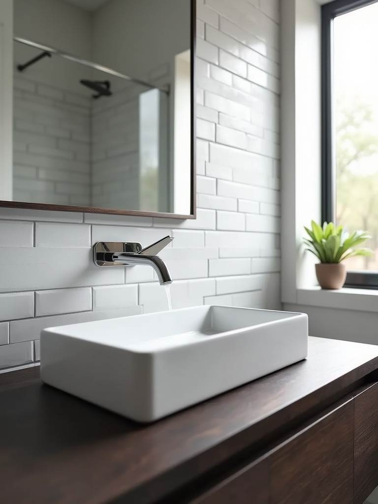 Modern bathroom with rectangular vessel sink and floating vanity