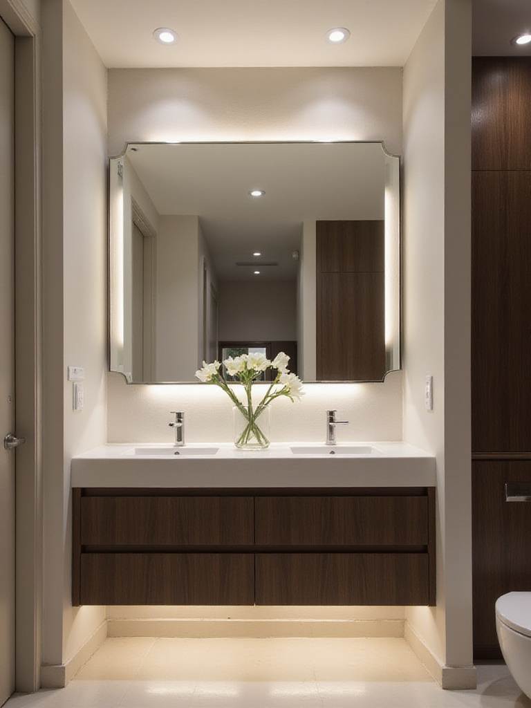 Modern bathroom with asymmetrical LED mirror above floating vanity
