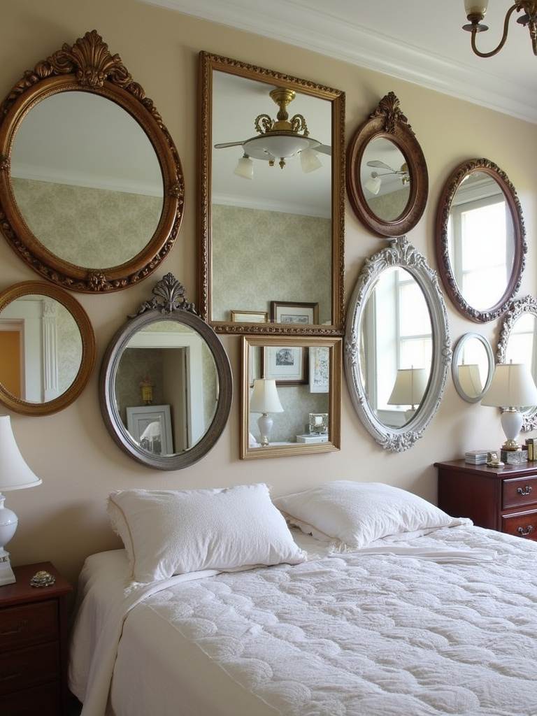 Vintage bedroom featuring a gallery wall of antique mirrors reflecting the room’s decor.