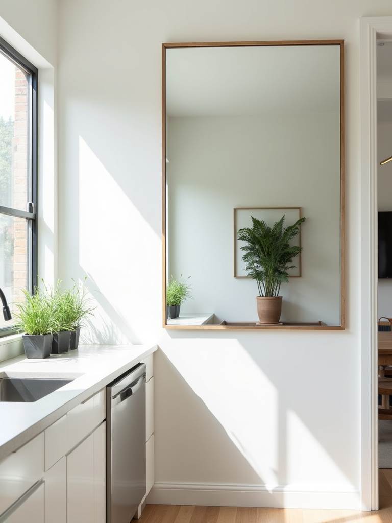Modern kitchen with a strategically placed mirror reflecting light and expanding the space.