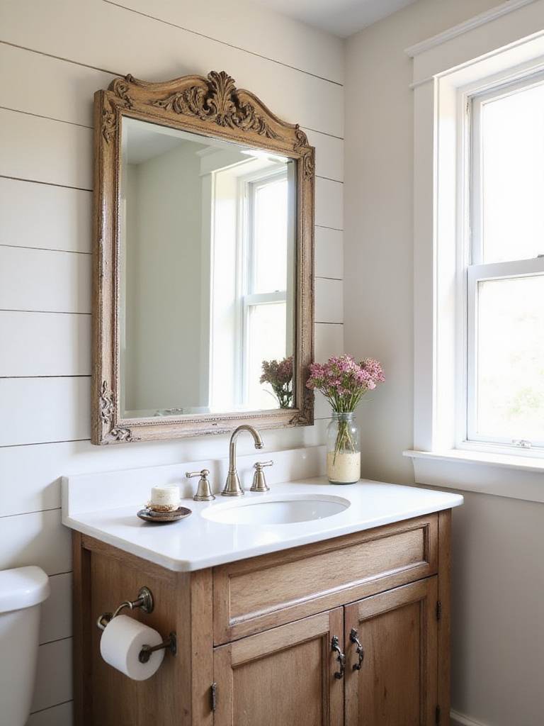 Vintage-inspired mirror with distressed wooden frame above a farmhouse vanity in a bathroom.