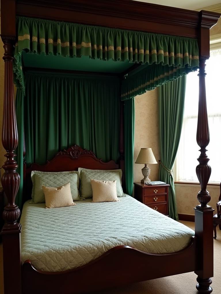 Vintage bedroom with a regal mahogany canopy bed draped in emerald green velvet.