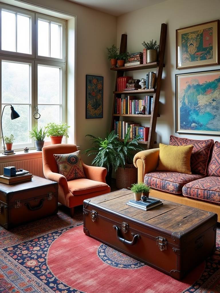 Eclectic living room featuring repurposed vintage suitcase side table and ladder bookshelf.