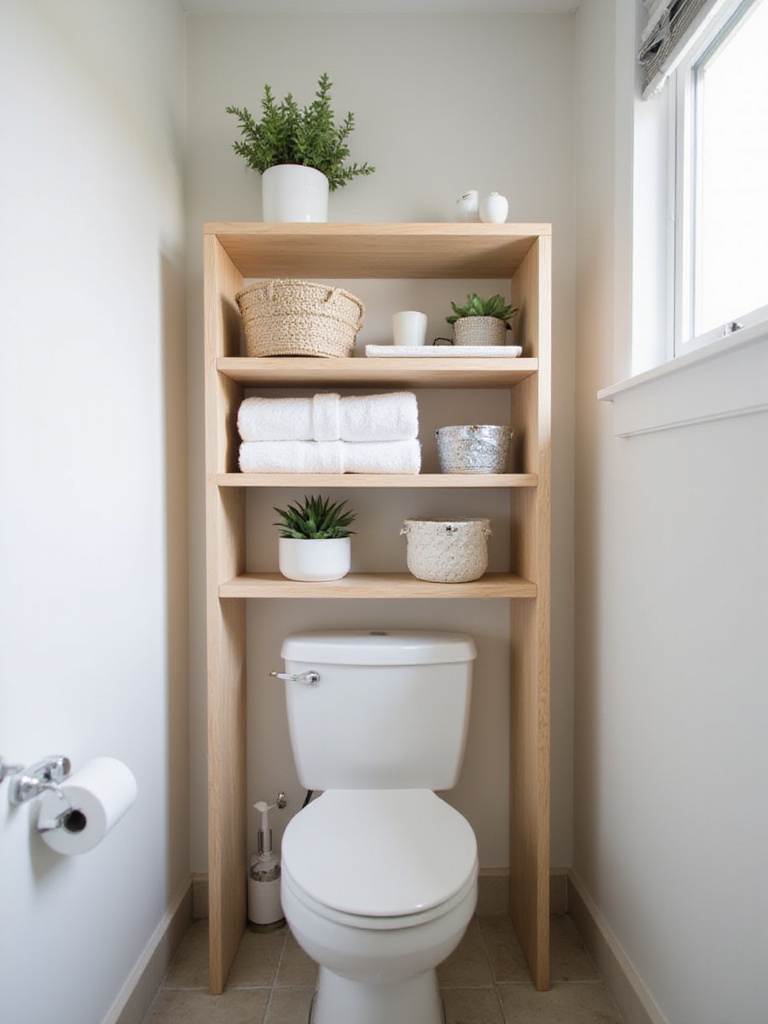No-drill over-toilet shelf in a small apartment bathroom, maximizing storage space without damaging walls.