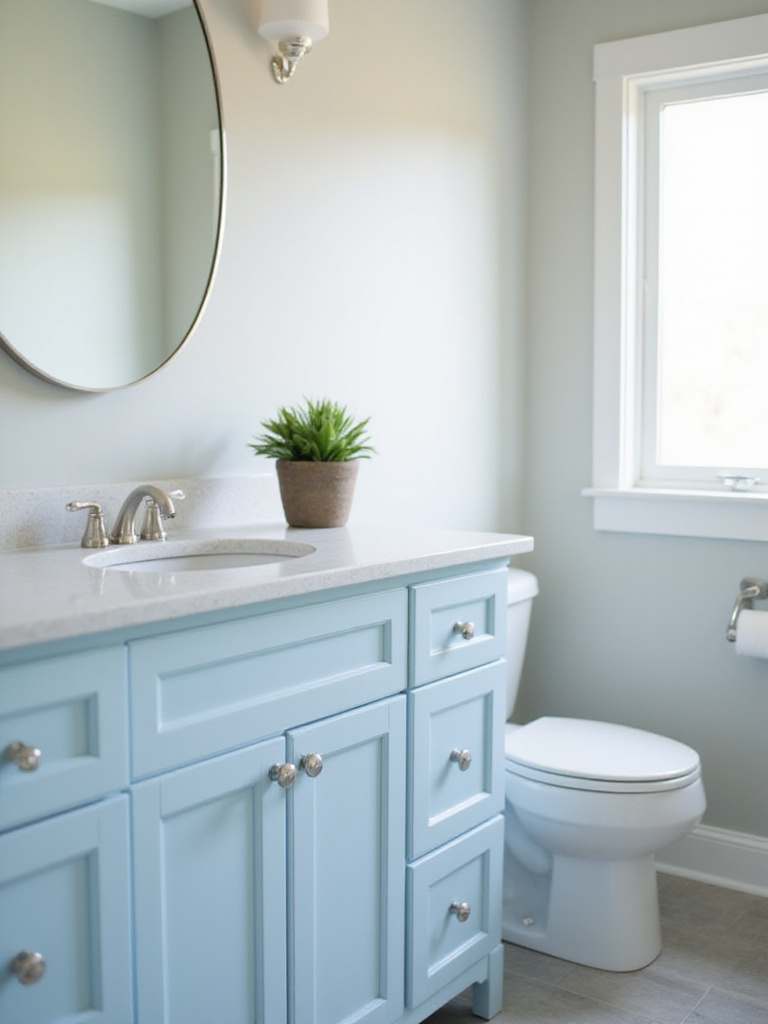 Bathroom vanity with newly painted blue cabinets and brushed nickel hardware.