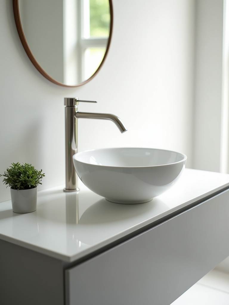 Round white vessel sink on a light gray floating vanity in a modern bathroom