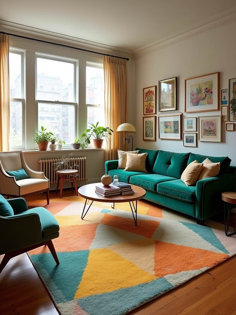 Eclectic living room with a bold geometric statement rug anchoring the seating area.