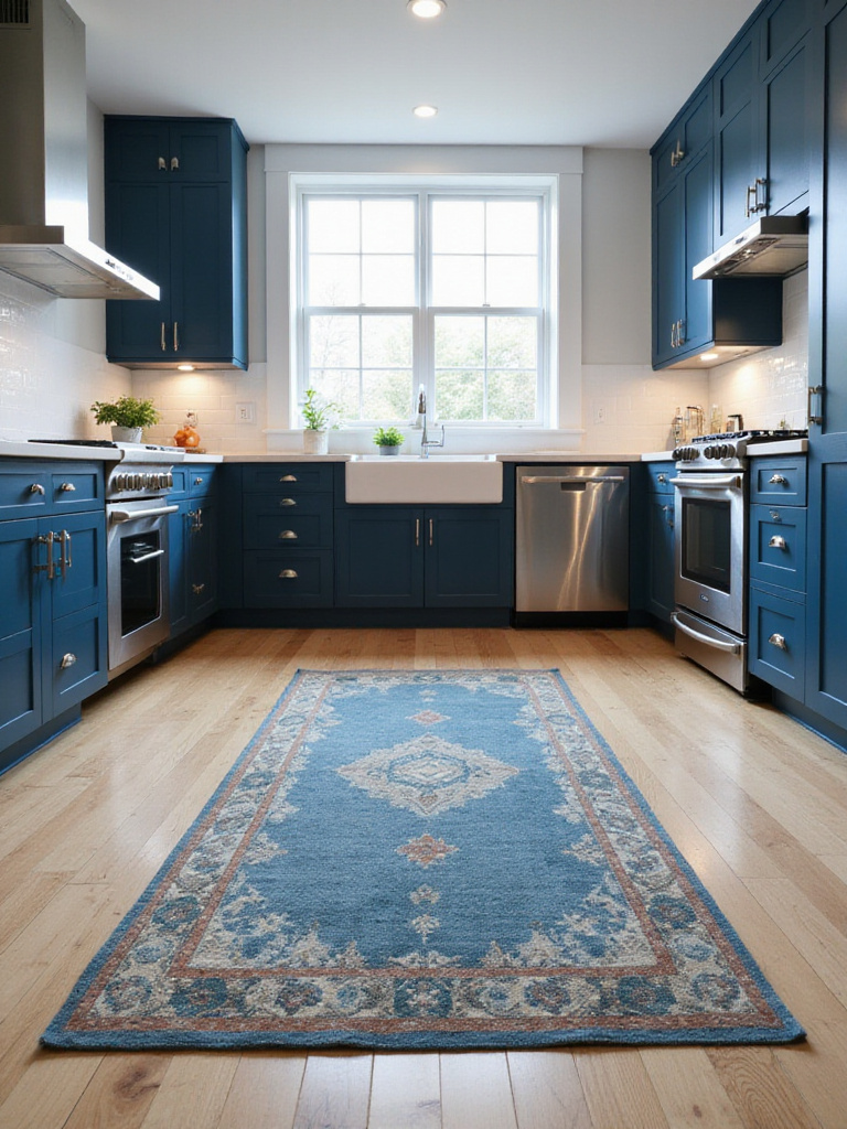 Warm blue rug in a modern blue kitchen