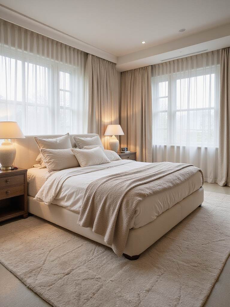 Bedroom with a king-size bed and a large area rug underneath, anchoring the space.