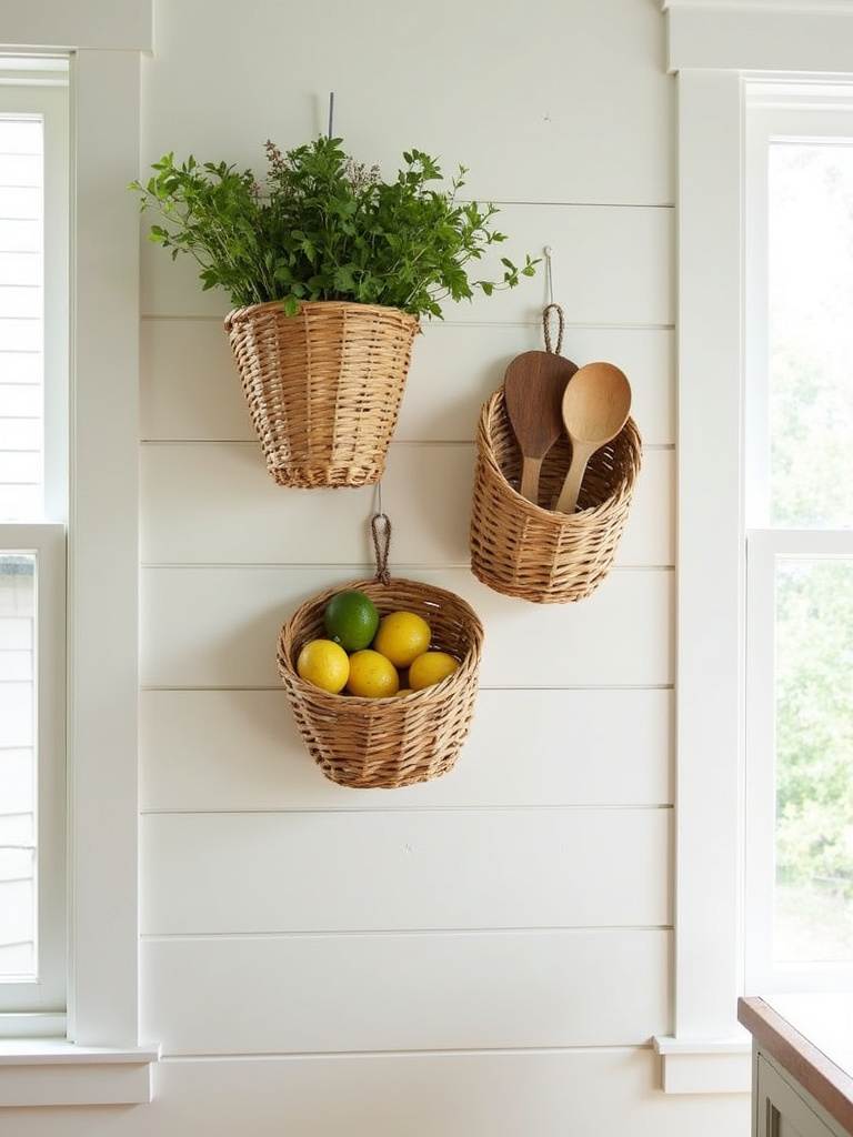 Rustic kitchen wall decor featuring woven hanging baskets with herbs, fruit, and utensils.