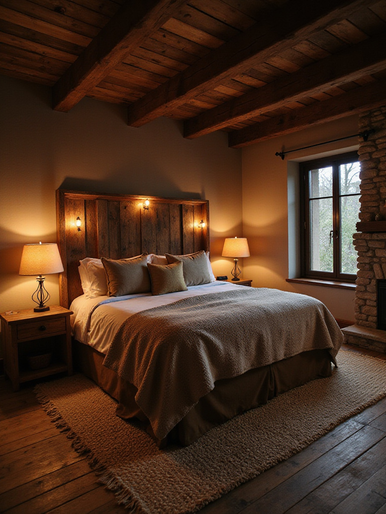 Rustic bedroom with wood and metal accents, featuring warm lighting and a cozy cabin feel