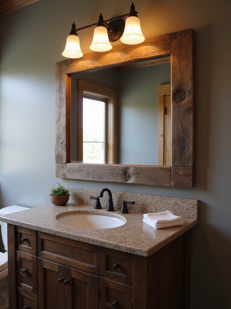Rustic bathroom with reclaimed wood framed mirror above a dark wood vanity.