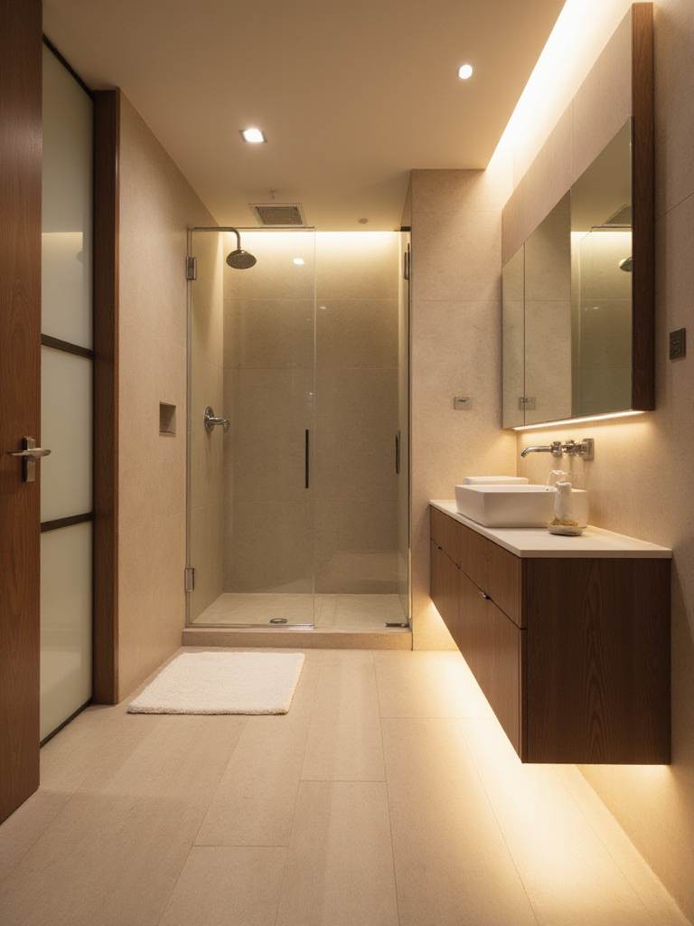 Modern bathroom featuring safe and code-compliant lighting, including recessed shower lights and under-cabinet LED strips.