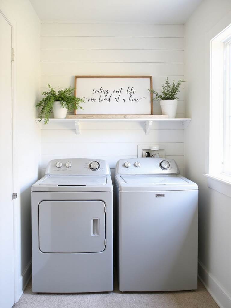 Laundry room with a framed sign that says 'Sorting Out Life One Load at a Time'