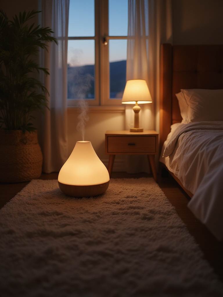 Bedroom with diffuser emitting mist, creating a relaxing aromatherapy environment.
