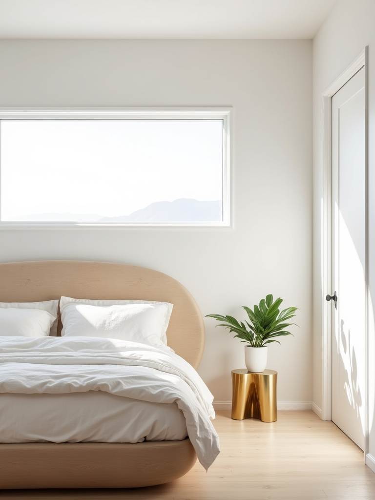 Sculptural wood headboard and brass bedside table in a modern bedroom.