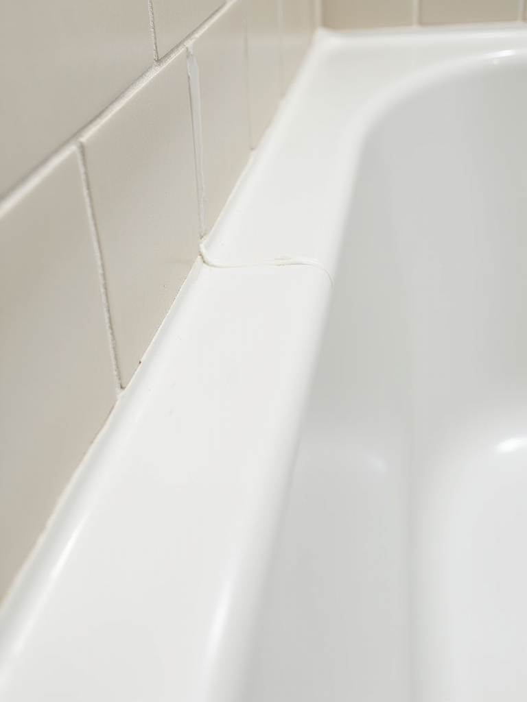 New, clean white caulk sealing the gap between a bathtub and tiled bathroom wall.
