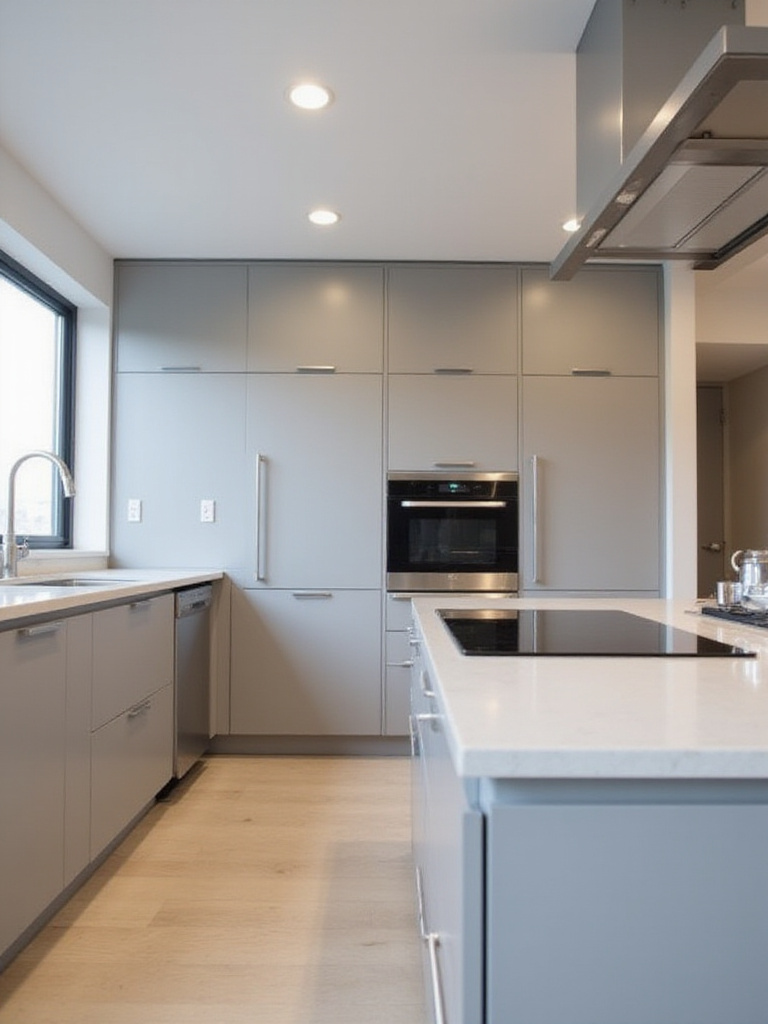 Modern kitchen with seamless appliance integration, featuring hidden refrigerator, dishwasher, and built-in oven.