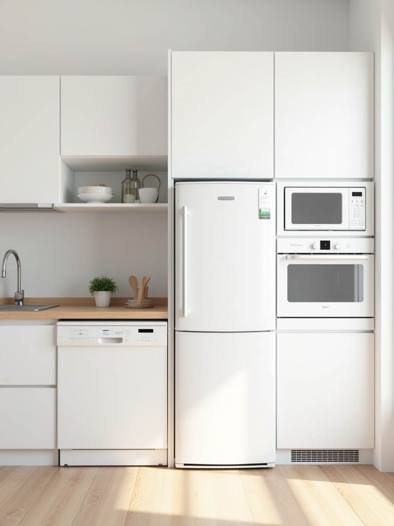 Small kitchen with integrated refrigerator, dishwasher, oven, and microwave, creating a streamlined and spacious design.