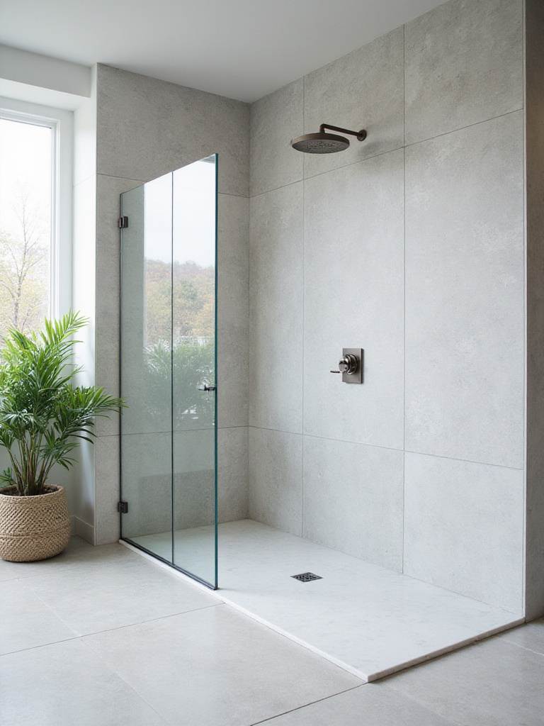 Modern curbless shower with linear drain and glass panel.