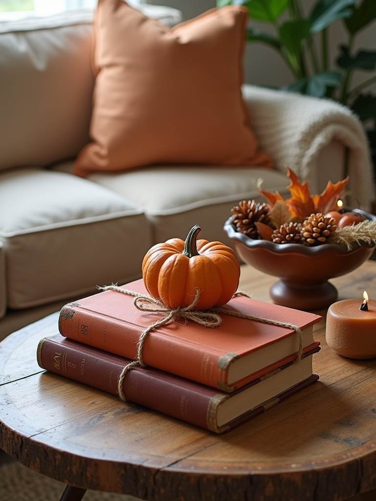 Autumn-themed coffee table styling with books, pumpkin, dried leaves, and candle.