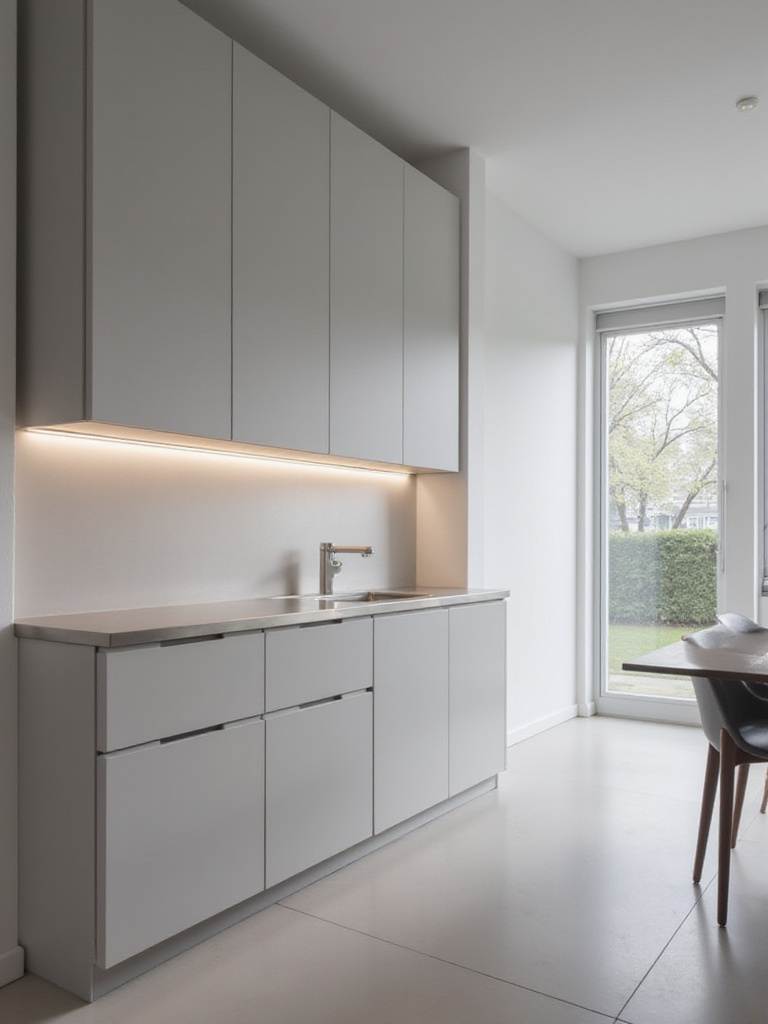Modern small kitchen with sleek, handle-less gray cabinets and stainless steel countertop.