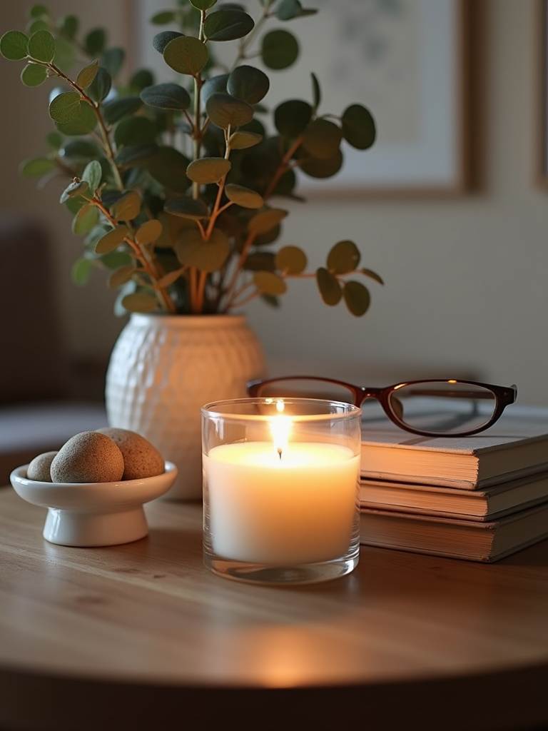 Scented candle centerpiece on a coffee table, creating a warm and inviting living room ambiance.