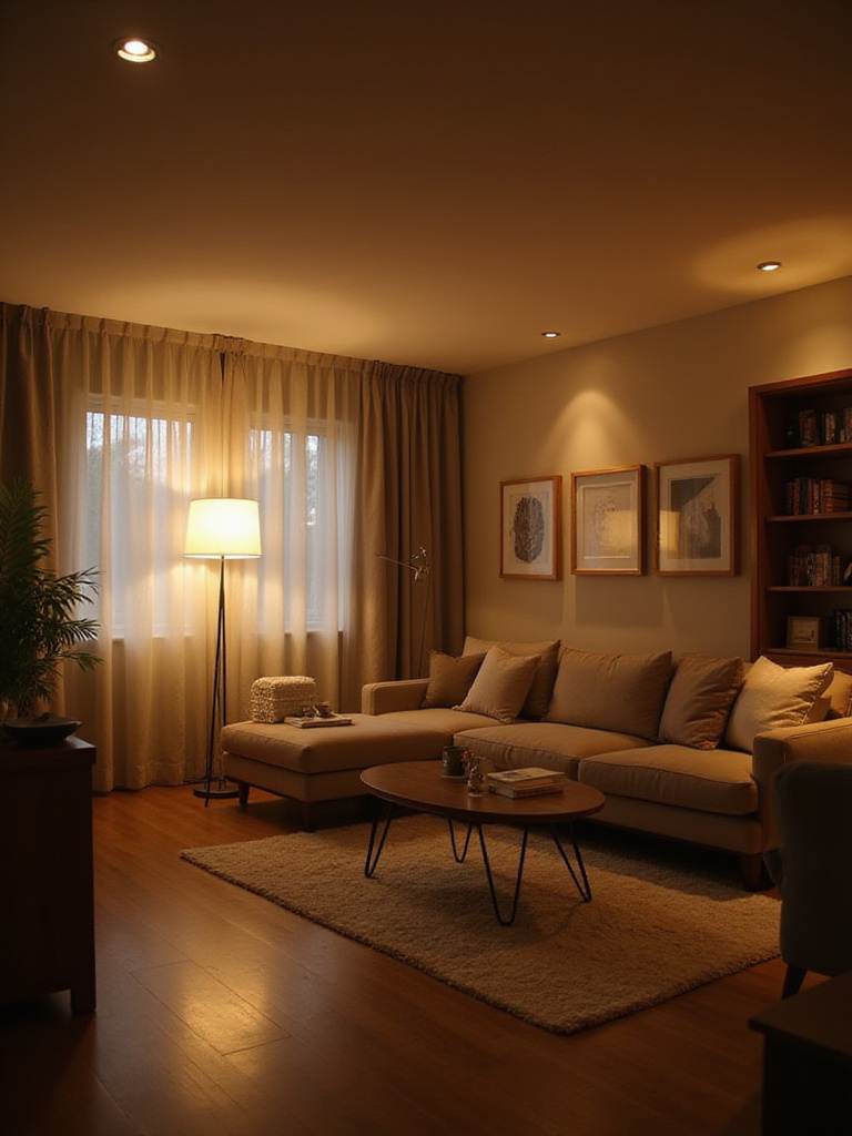 Living room interior with soft, dimmable lighting creating a cozy and inviting atmosphere.