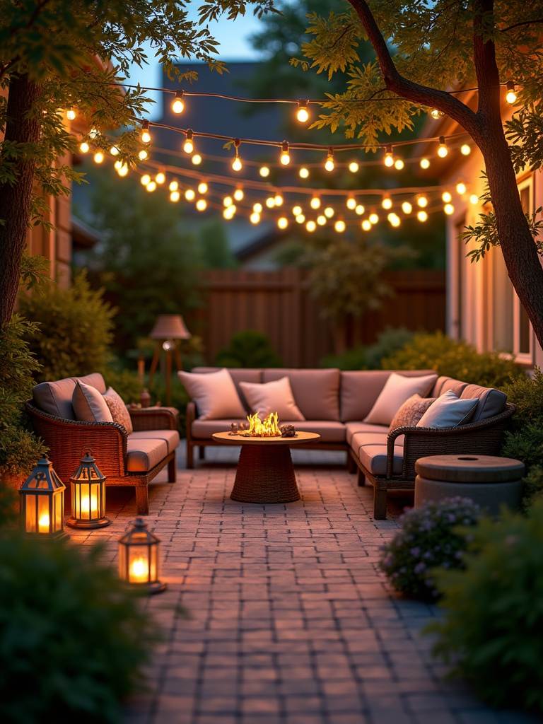 Backyard patio illuminated with string lights and lanterns, creating a magical outdoor escape.