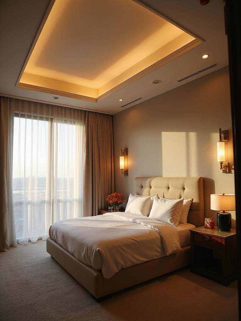 Master bedroom with layered lighting: overhead recessed lights, bedside lamps, and wall sconces create a relaxing ambiance.