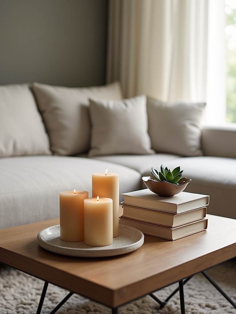 Coffee table styling showcasing a mix of shapes for visual interest, including rectangular books, a round tray, and an organically shaped bowl.