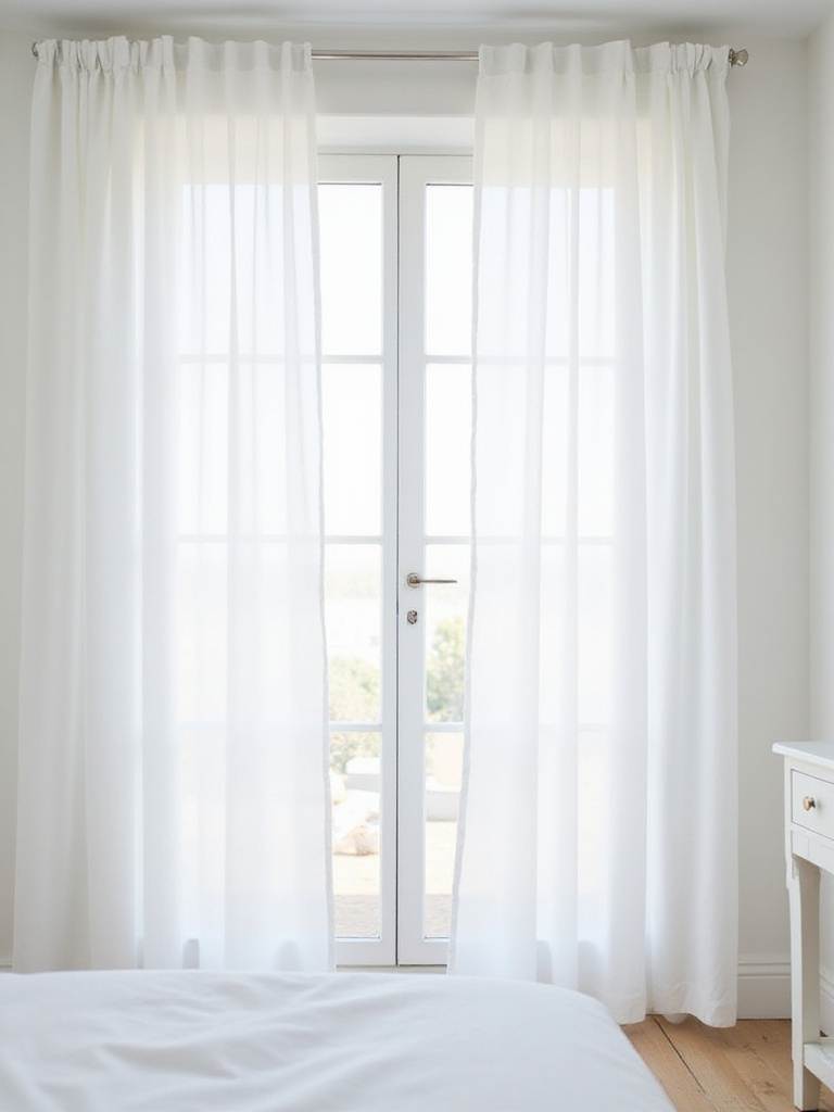 White bedroom with sheer white curtains filtering soft natural light