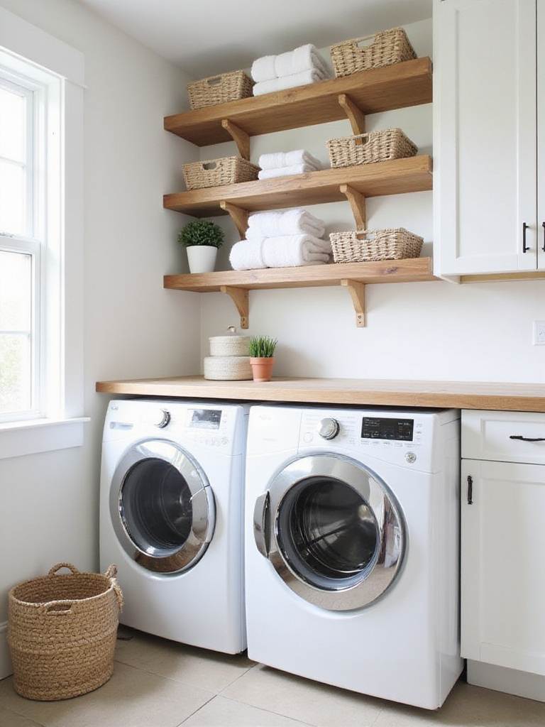 Laundry room with organized shelving above washer and dryer.