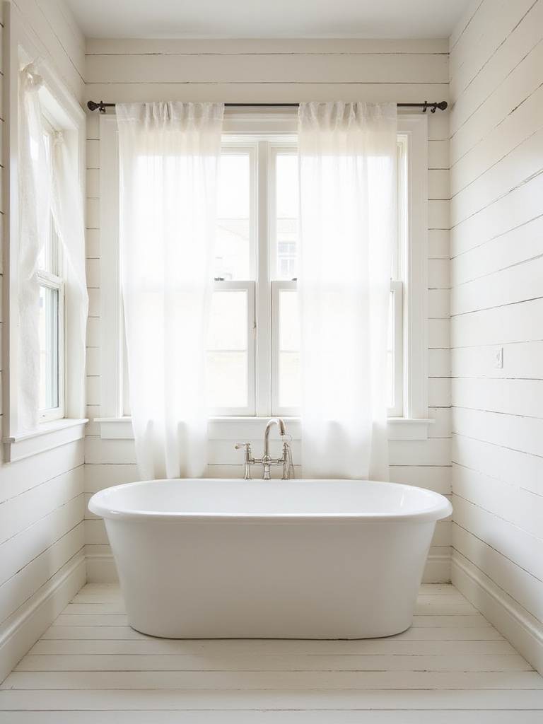 Coastal bathroom with off-white shiplap walls and freestanding bathtub