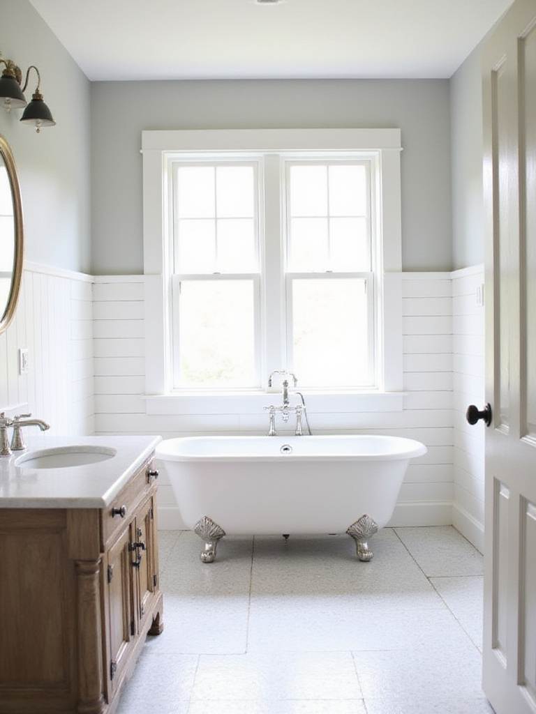 Farmhouse bathroom with white shiplap wainscoting and clawfoot tub