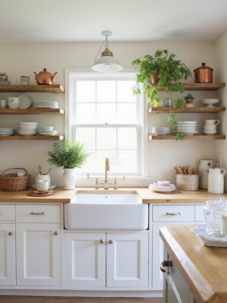 Cottage kitchen with reclaimed wood open shelving displaying vintage dishware and potted herbs.