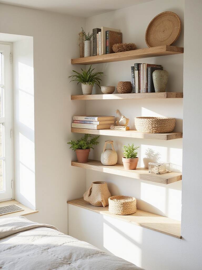 Farmhouse bedroom with open shelving displaying vintage books, plants, and woven baskets.