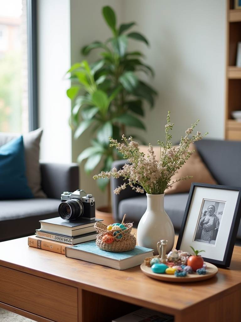 Coffee table styled with personal objects, including a vintage camera, books, and travel souvenirs.