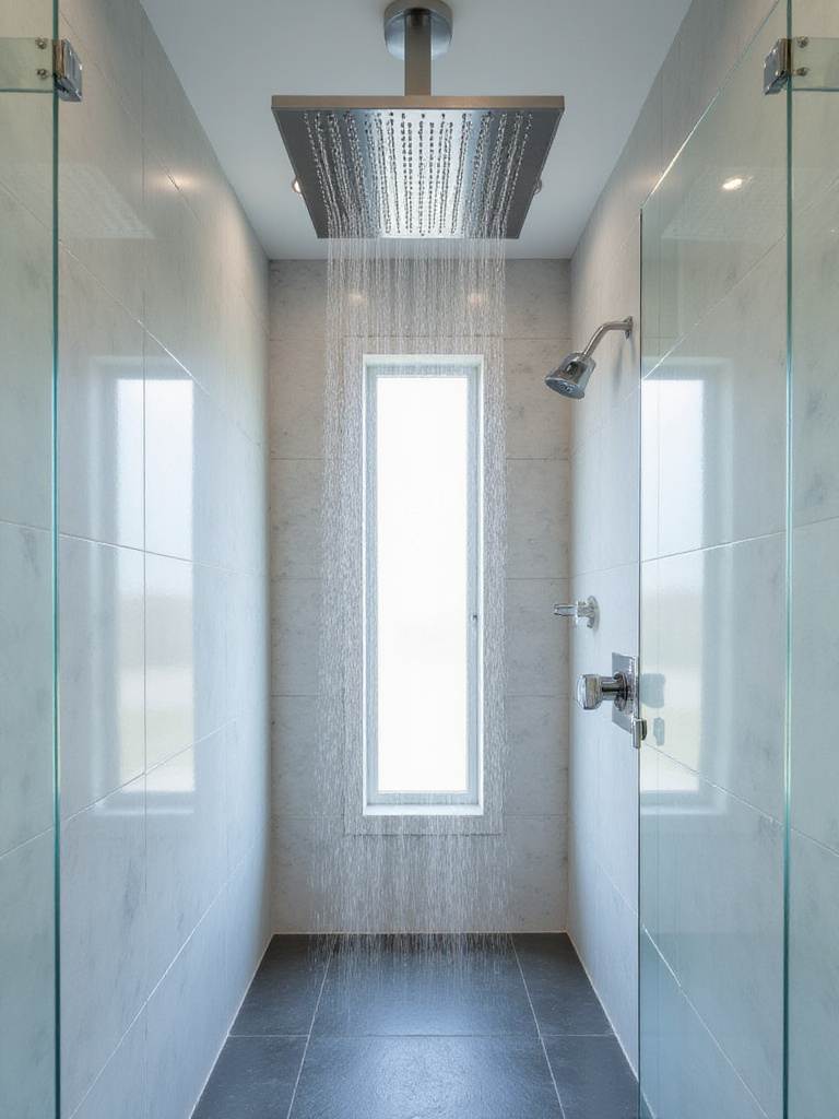 Luxurious bathroom featuring a large, square rainfall showerhead providing a spa-like shower experience.