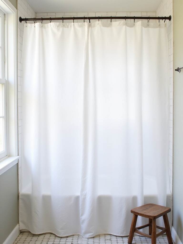 White linen shower curtain in a bright farmhouse bathroom