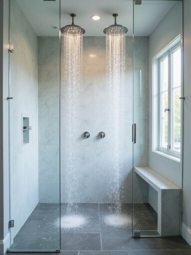Modern bathroom shower with dual rainfall shower heads and marble tile