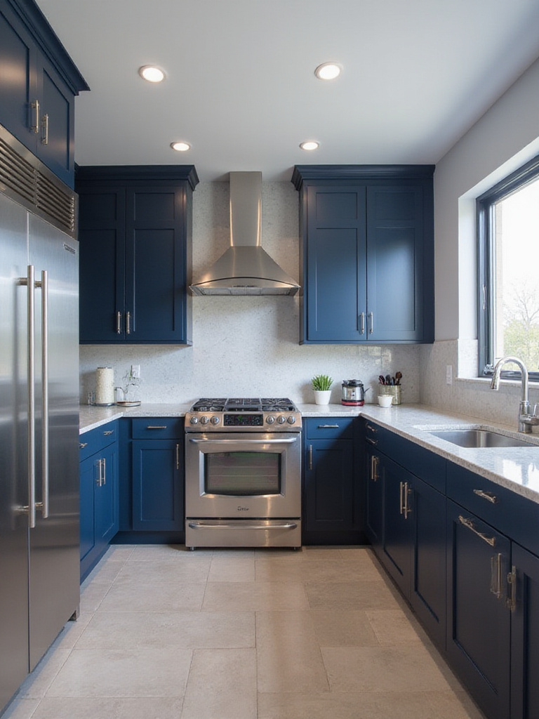 Navy blue kitchen cabinets with brushed nickel hardware and light gray quartz countertops.