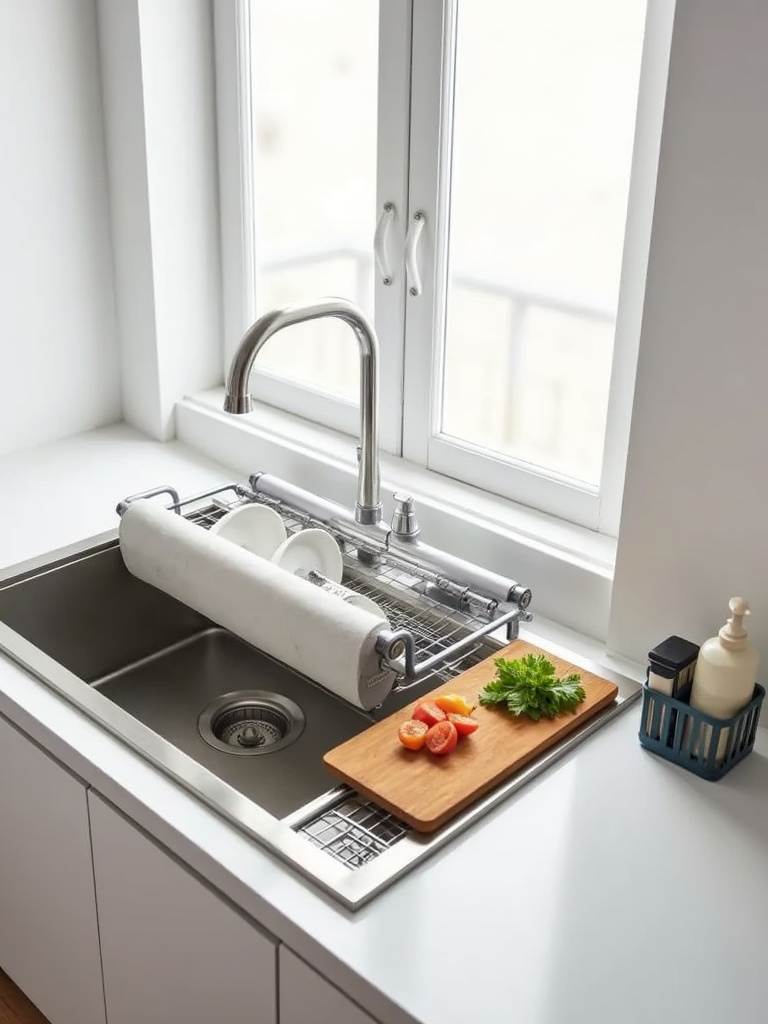 Small kitchen sink with roll-up drying rack, over-the-sink cutting board, and sink caddy for efficient space utilization.