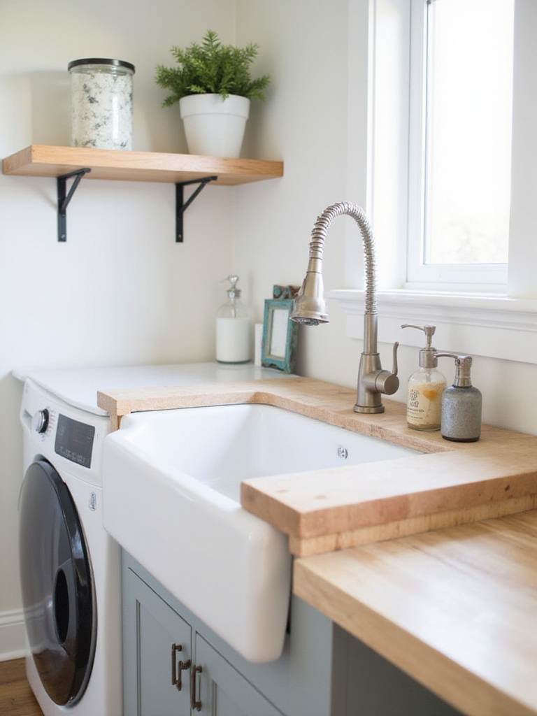 Bright and stylish laundry room featuring a farmhouse sink and brushed nickel faucet.