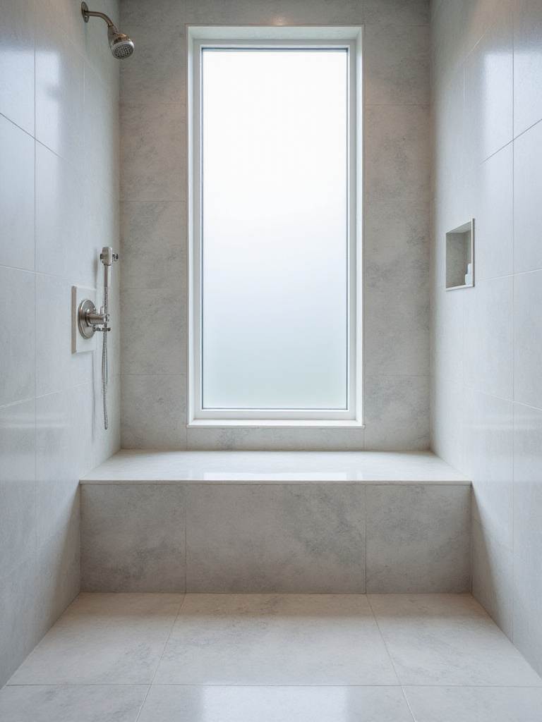 Modern bathroom shower with built-in quartz bench and light grey tile.